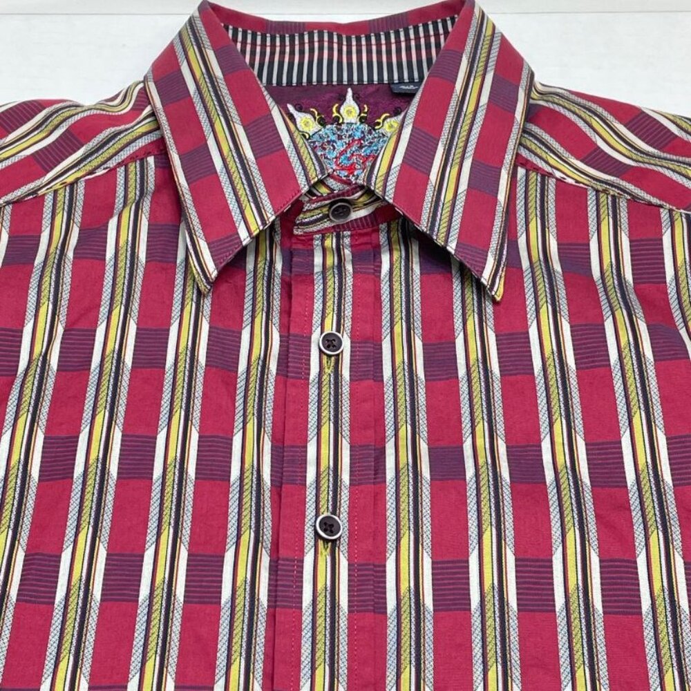 Robert Graham Men's Shirt - Burgandy and Gold Striped - Size L - EUC